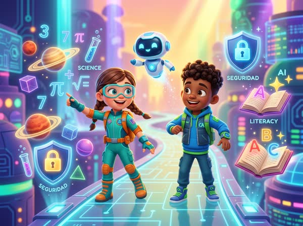 Dos estudiantes de primaria exploran un mundo de CiberAventuras junto a un tutor robot, rodeados de iconos de matemáticas, ciencias, lectoescritura, inteligencia artificial y seguridad digital.