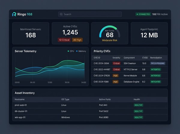 Dashboard de Ringo 168: telemetría en tiempo real de servidores Linux y Windows, inventario de activos, puntuación de riesgo y seguimiento de vulnerabilidades CVE.