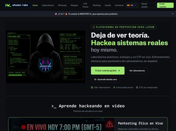 Portada de Whoami-Labs: terminal de explotación junto al titular «Hackea sistemas reales» y los accesos a laboratorios y comunidad.