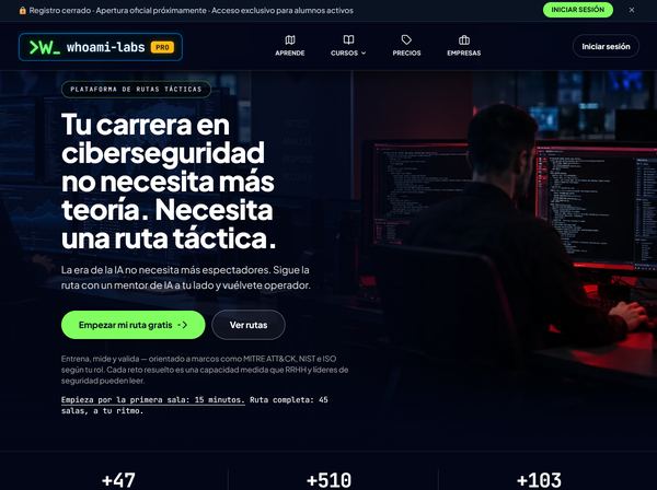 Portada de Whoami-Labs Pro: plataforma de rutas tácticas con el acceso a las rutas de formación y la mención de MITRE ATT&CK, NIST e ISO.